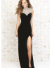 Beaded Jersey Keyhole Slit Evening Dress